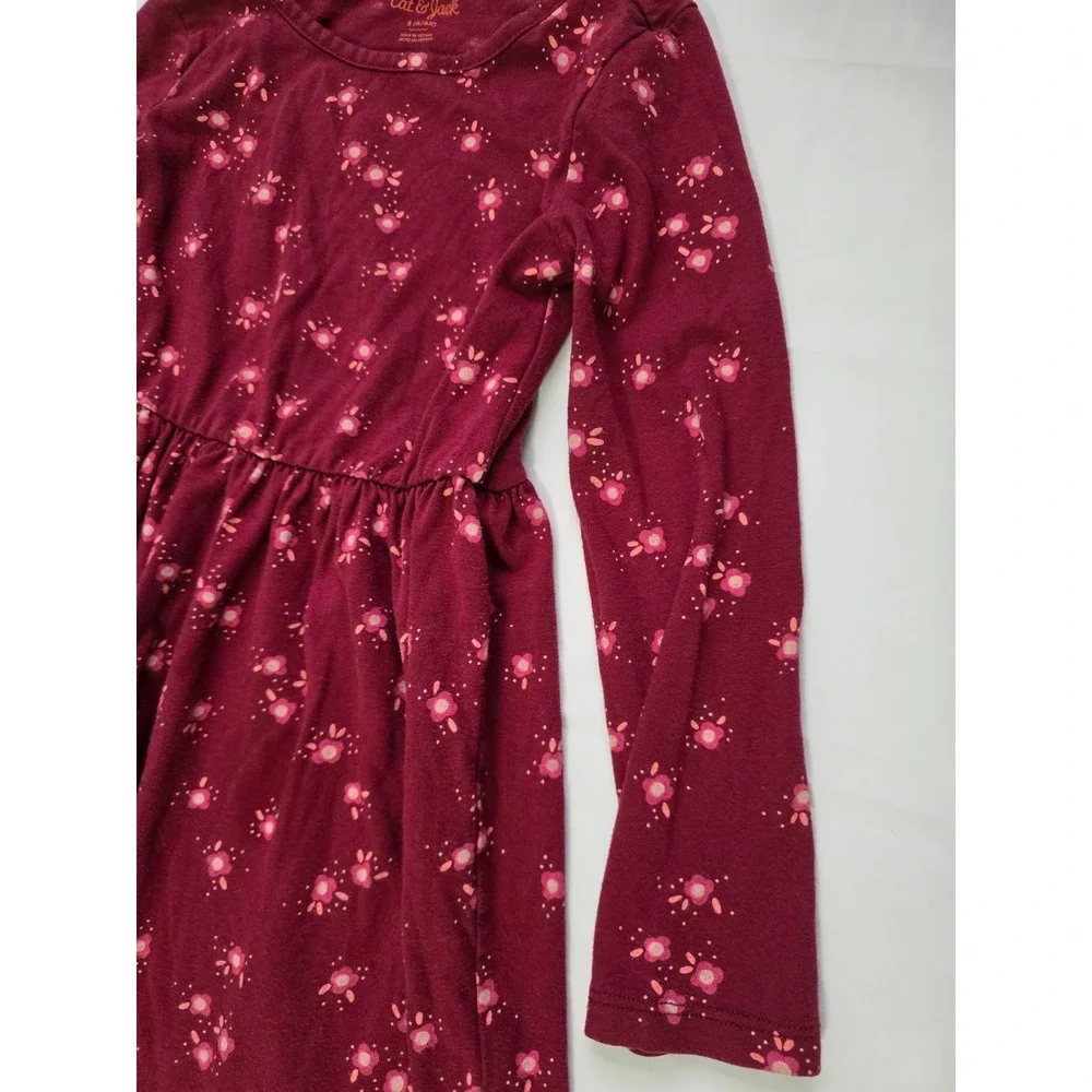 Cat & Jack Girls Burgundy Floral Long Sleeve Jersey Dress Maroon Size S 6/6X